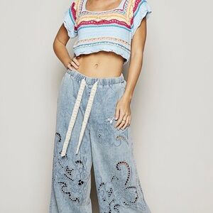 POL Laser and Embroidered Denim Pants